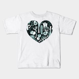 Go veggie // heart print // black background pine and mint vegetables Kids T-Shirt